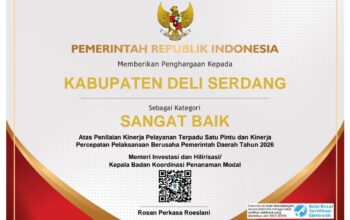 Menteri Investasi dan Hilirisasi Tetapkan Kinerja Perizinan Deli Serdang Sangat Baik, Nilai Tembus 91,728