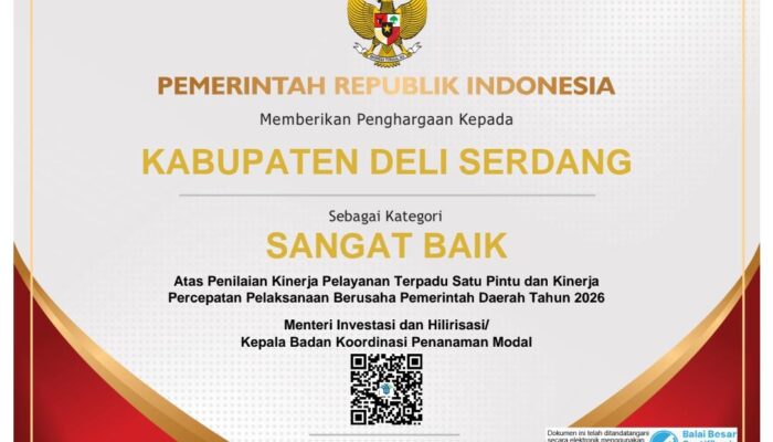 Menteri Investasi dan Hilirisasi Tetapkan Kinerja Perizinan Deli Serdang Sangat Baik, Nilai Tembus 91,728